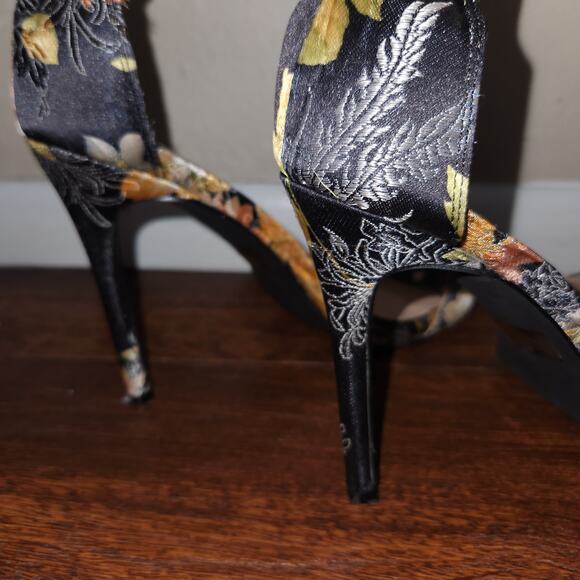 Olivia Ferguson Monica Black Floral Embroidered Satin Ankle Strap Open Toe , 10 - Picture 9 of 10